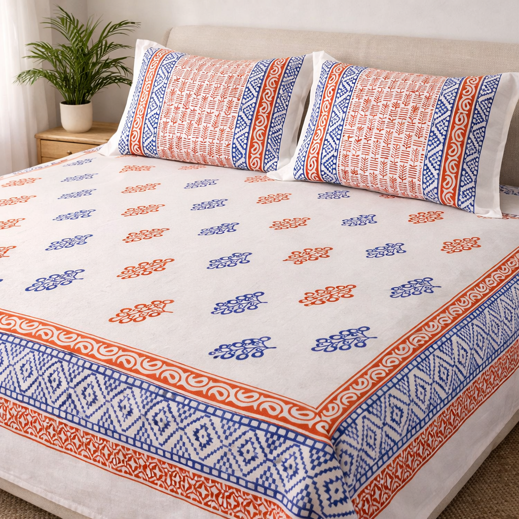 Cozy minimalist bedroom with geometric block print bedding