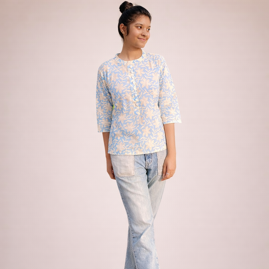 Azure Floral Hand-Block Printed Cotton Tunic