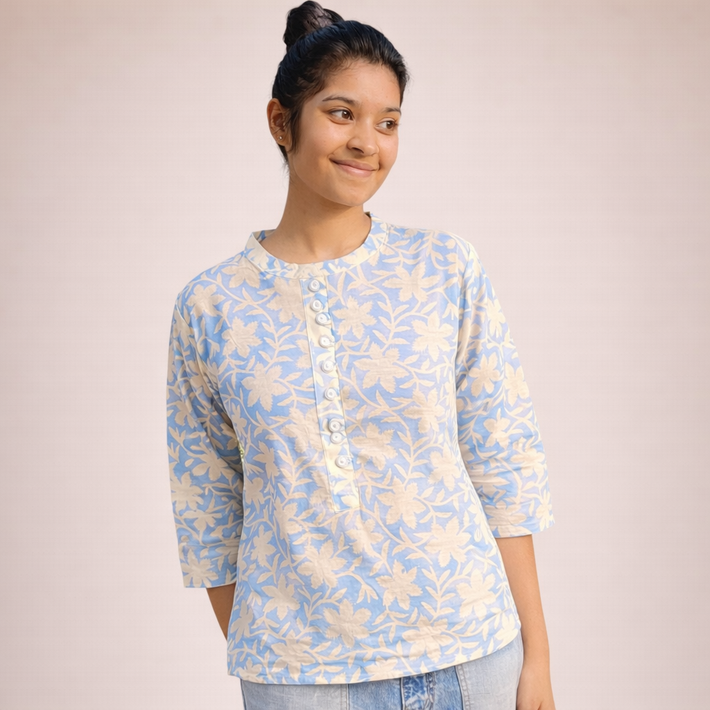 Azure Floral Hand-Block Printed Cotton Tunic