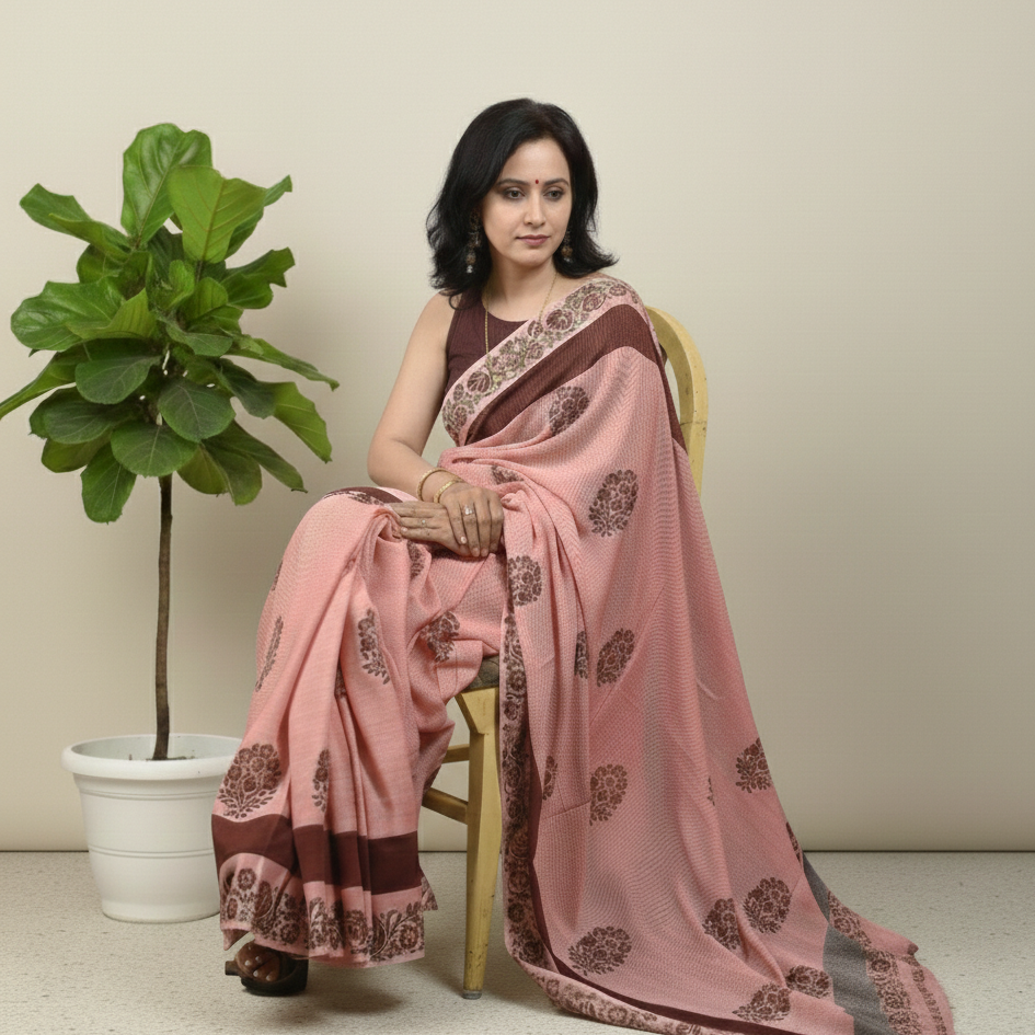 Peach saree with maroon border