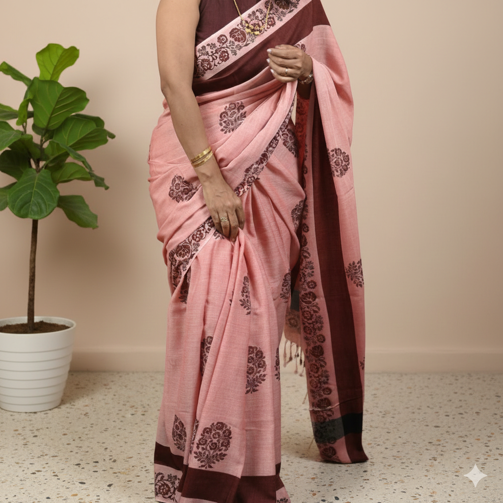Peach saree with maroon border