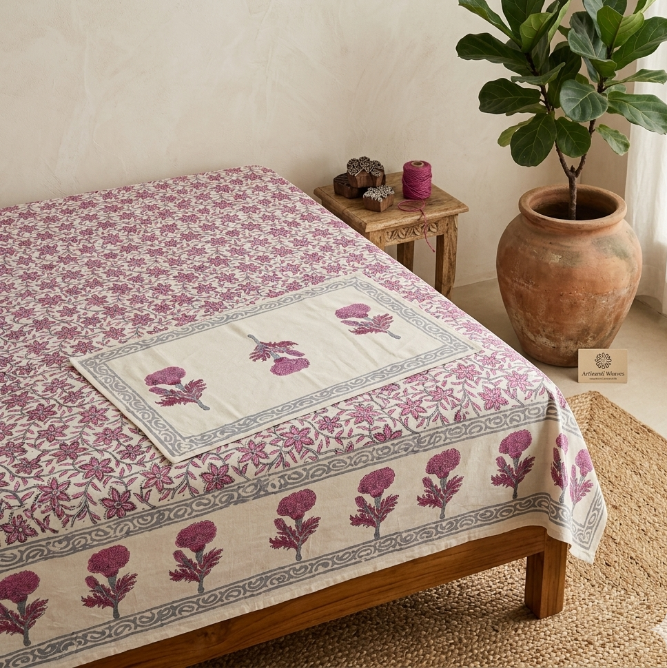 Aartyz pink peonies jaal printed cotton bedsheet