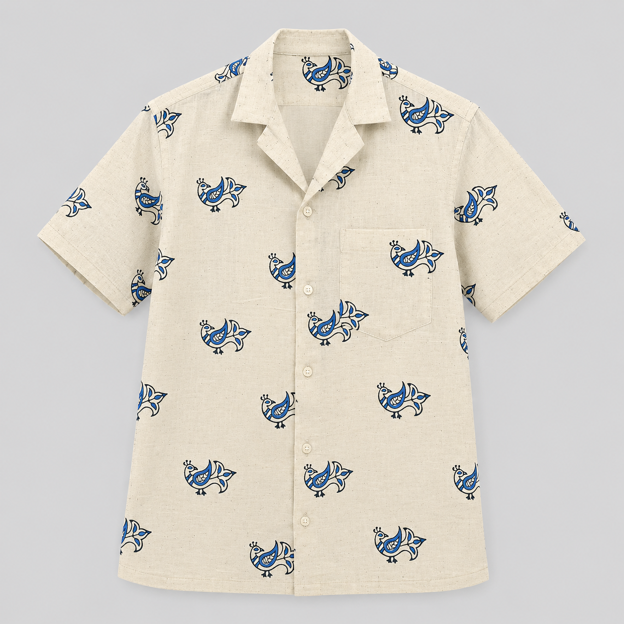 Ivory white handloom cotton shirt with blue peacock motif