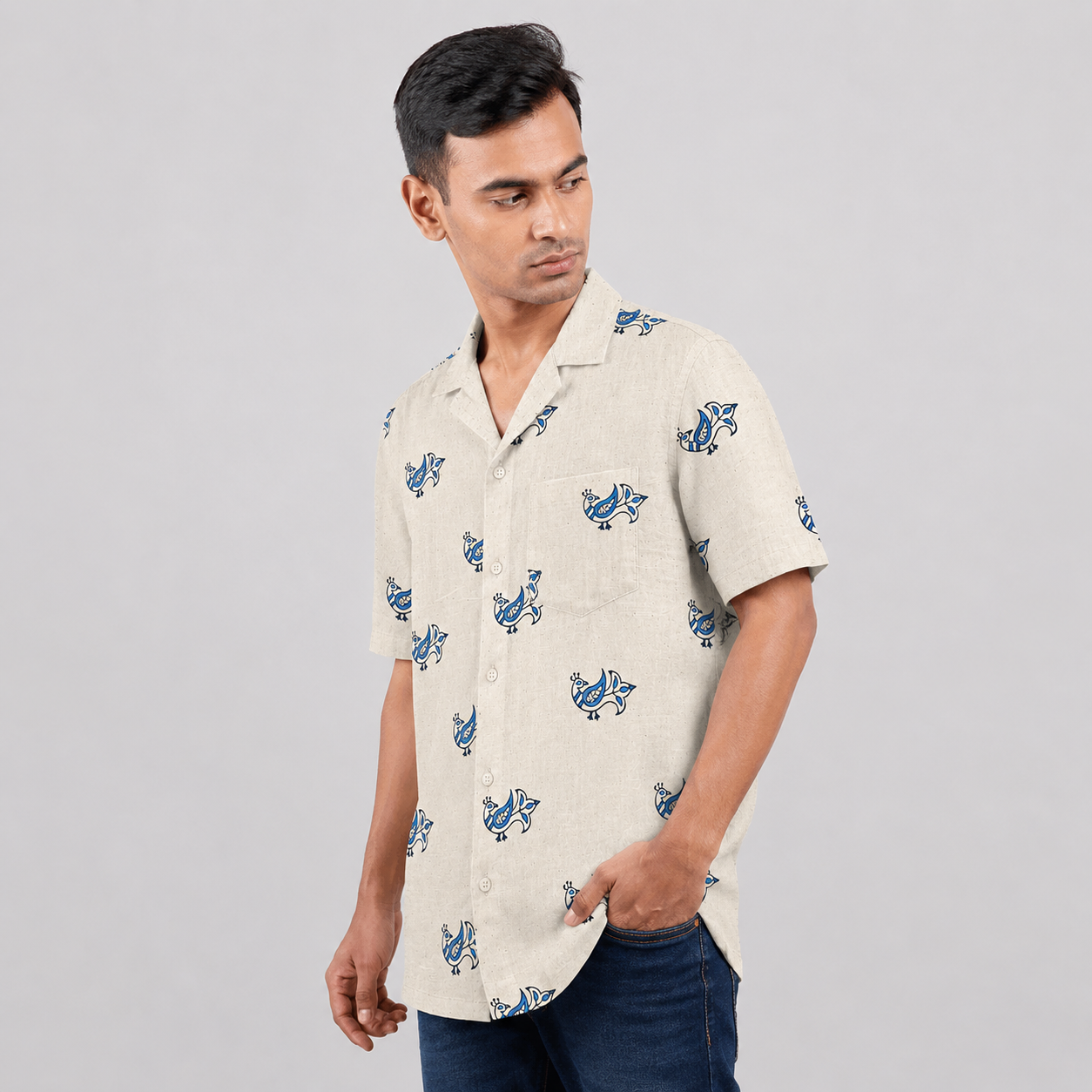 Ivory white handloom cotton shirt with blue peacock motif