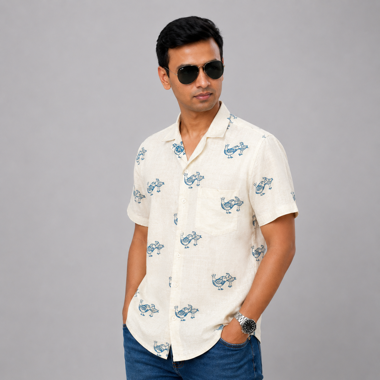 Ivory white handloom cotton shirt with blue peacock motif
