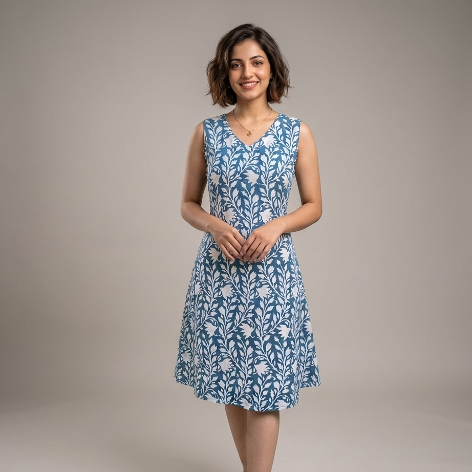 Aartyz teal blue cotton one piece dress