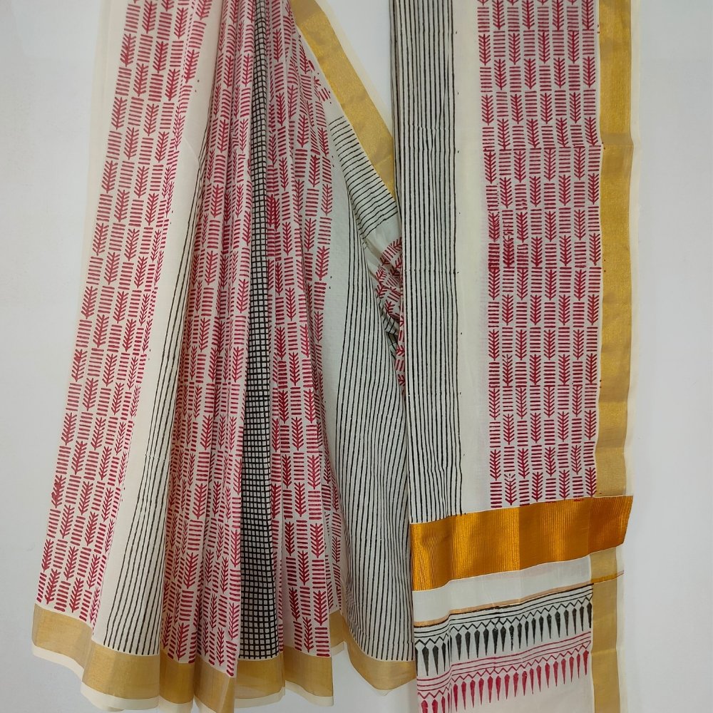 Aartyz geometric print Kerala cotton saree
