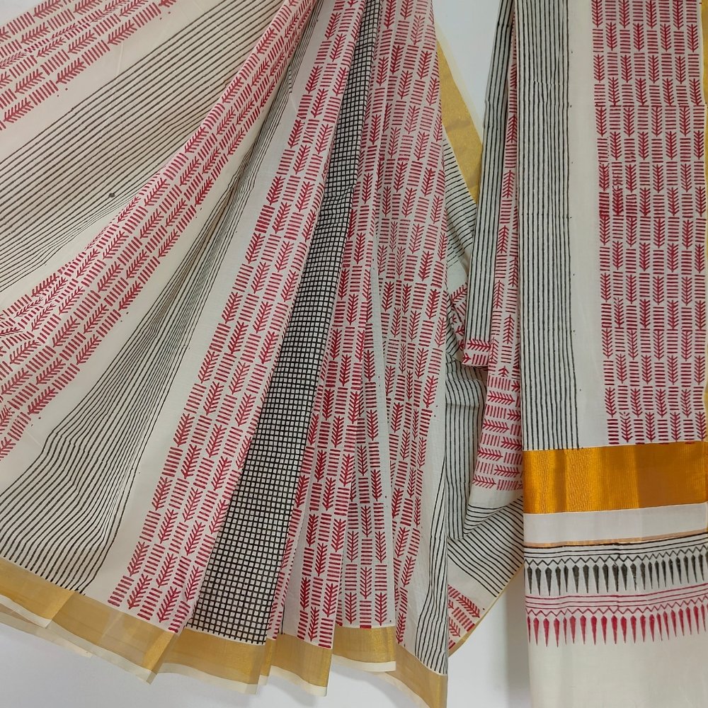 Aartyz geometric print Kerala cotton saree