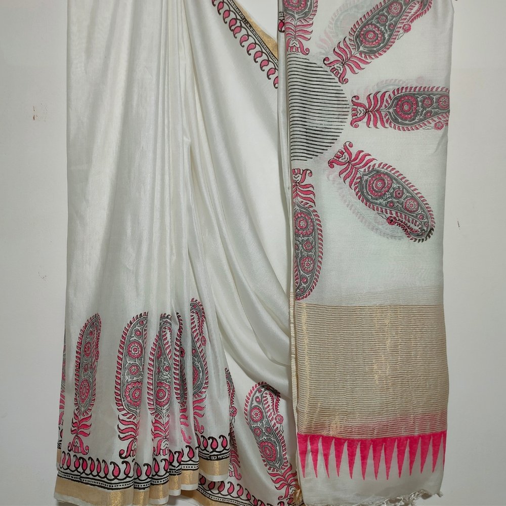 Aartyz pink paisley motif soft silk saree