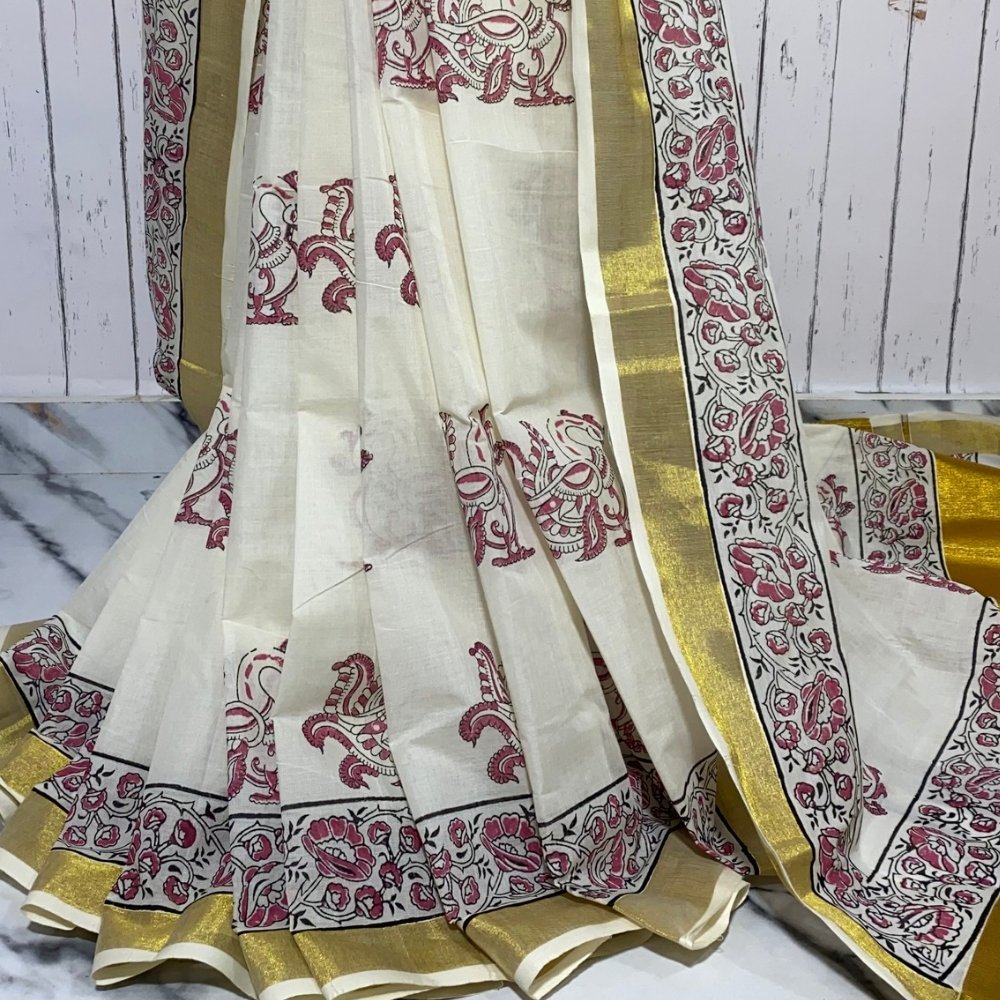 Aartyz red peacock print Kerala cotton saree