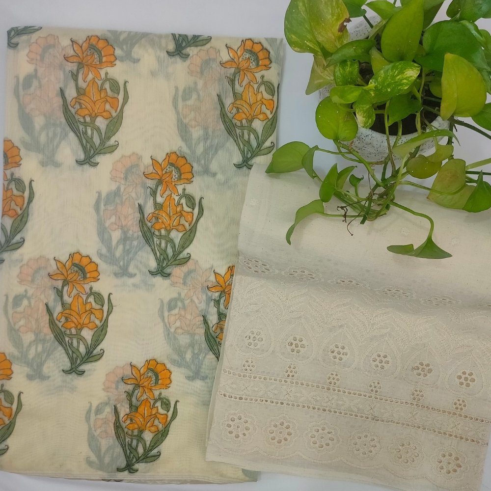 Aartyz orange floral print dress material