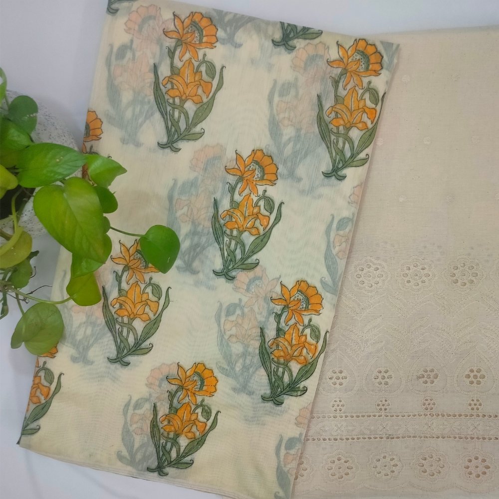 Aartyz orange floral print dress material