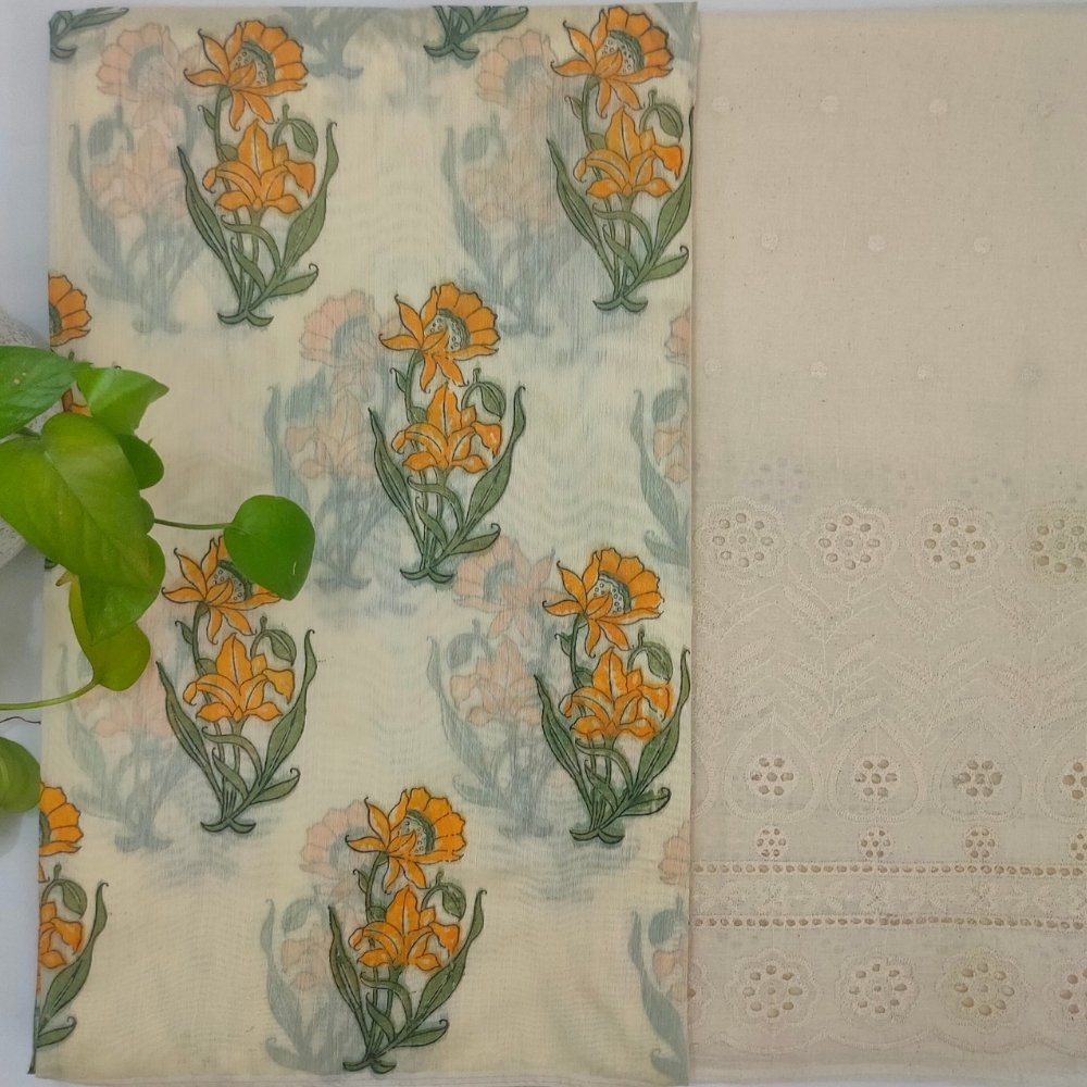 Aartyz orange floral print dress material