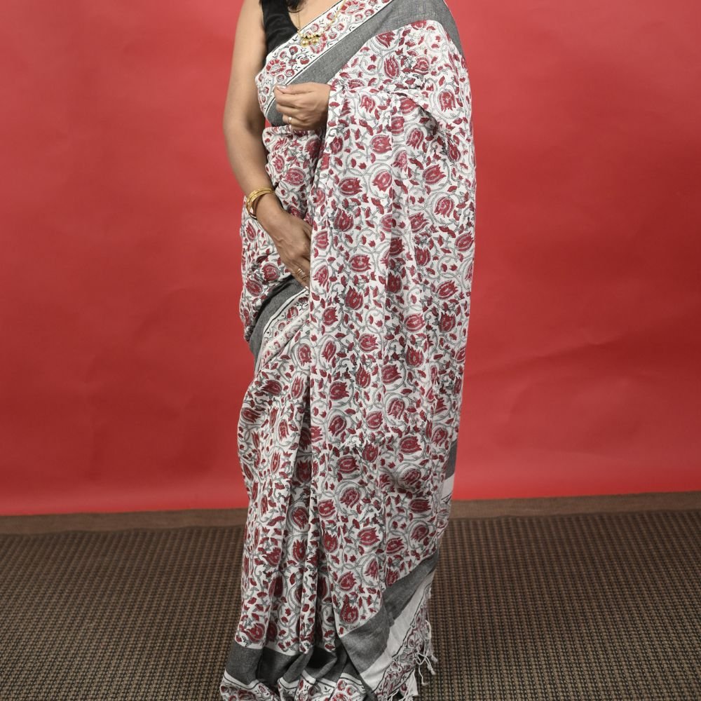 Hand block printed cotton handloom khadi saree
