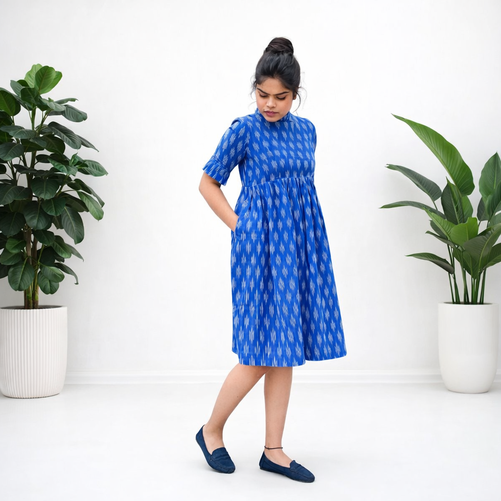 Aartyz blue ikat one piece dress