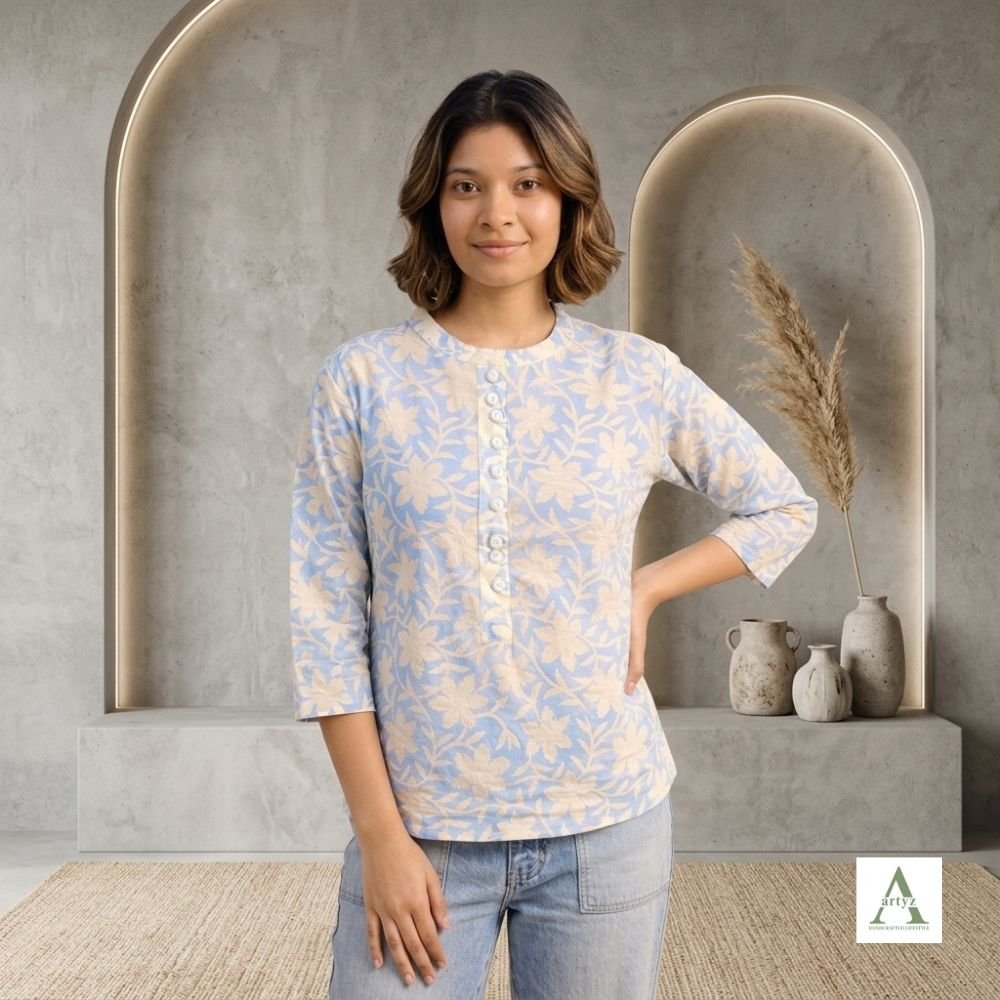 Azure Floral Hand-Block Printed Cotton Tunic