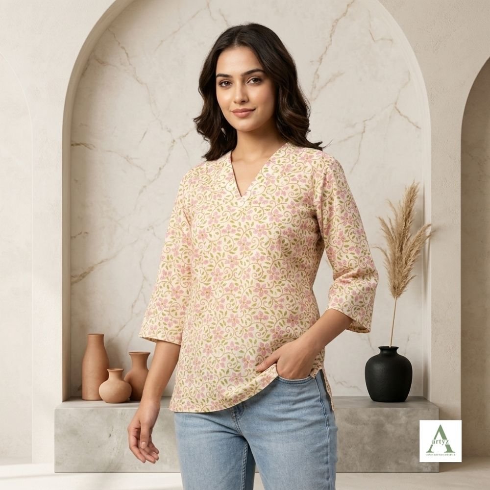 Aartyz pink floral chanderi top