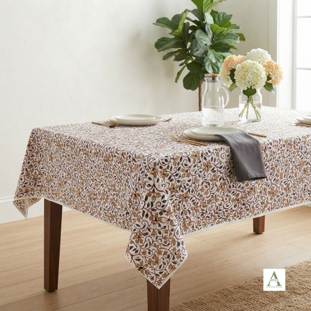 Aartyz golden hue printed Dining Table Cover